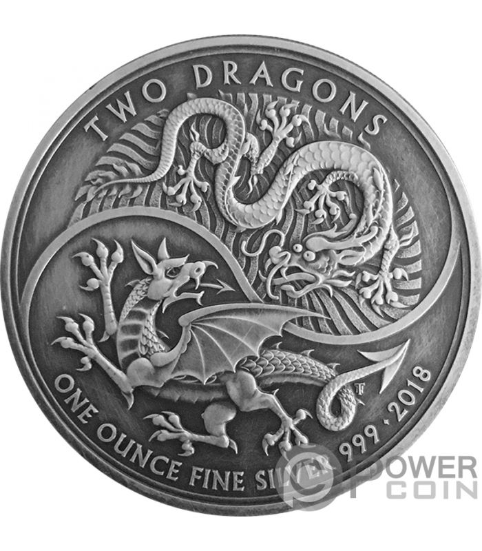 United Kingdom 2018 £2 TWO DRAGONS Antique Finish 1 Oz Silver Coin.