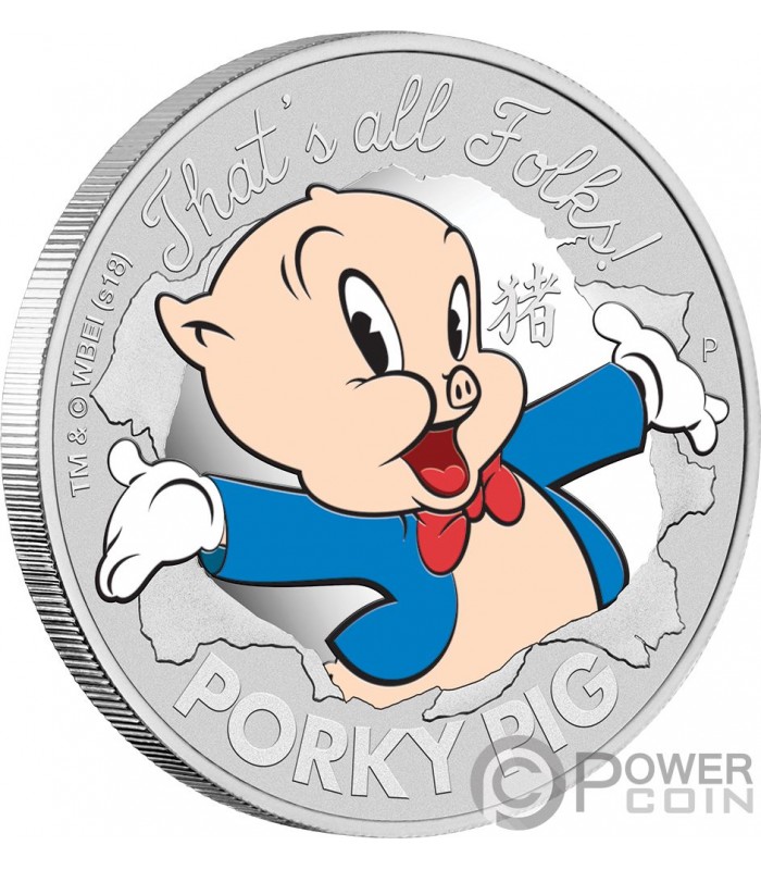 PORKY PIG Schwein Lunar Looney Tunes 1 Oz Silber Münze 1$ Tuvalu 2019