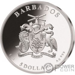 Great White Shark 3 oz Antigue finish Silver Coin 5$ Barbados 2018 