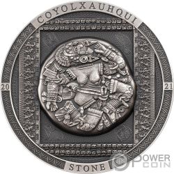 COYOLXAUHQUI STONE Antiqued Archeology Symbolism 3 Oz Silver Coin 20$ Cook Islands 2021
