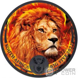 BURNING LION Black Ruthenium Big Five II 1 Oz Monnaie Argent 5 Rand South Africa 2022