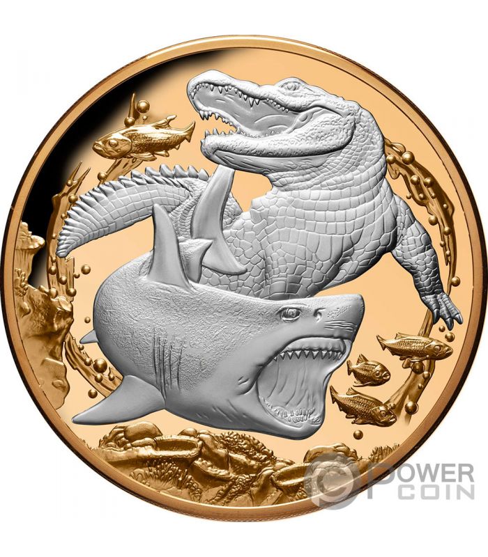 1 OZ ST 2022-Niue Moneta Argento Coccodrillo & Squalo Apex Predators 4. 