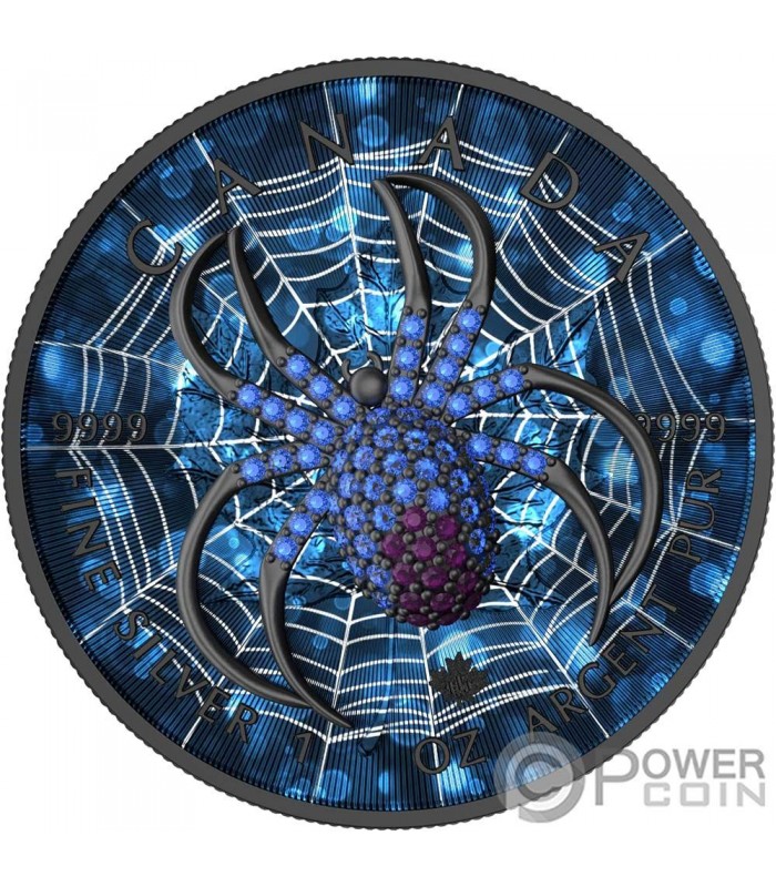DARK BLUE SPIDER Bejeweled Maple Leaf 1 Oz Silver Coin 5
