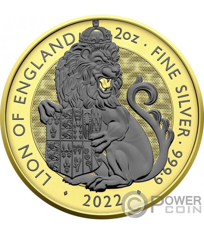 LION OF ENGLAND Royal Tudor Beasts Gold Black Empire Reverse 2 Oz Silver  Coin 5£ United Kingdom 2022