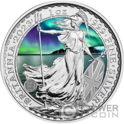 BRITANNIA Northern Lights 1 Oz Moneta Argento 2 Pounds United Kingdom 2023