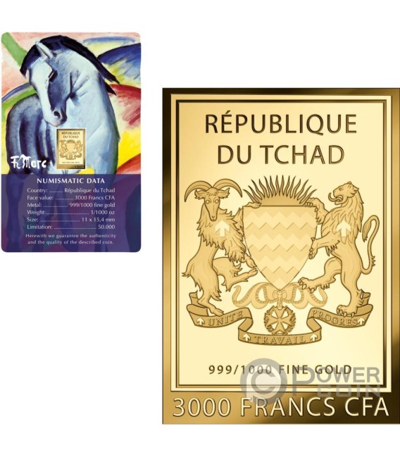 BLUE HORSE I Franz Marc 1/1000 Oz Monnaie Or 3000 Francs Chad