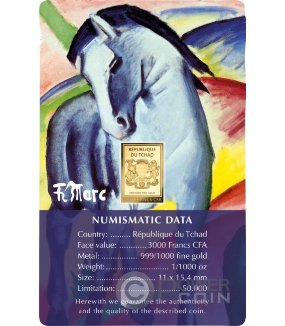 BLUE HORSE I Franz Marc 1/1000 Oz Gold Coin 3000 Francs Chad