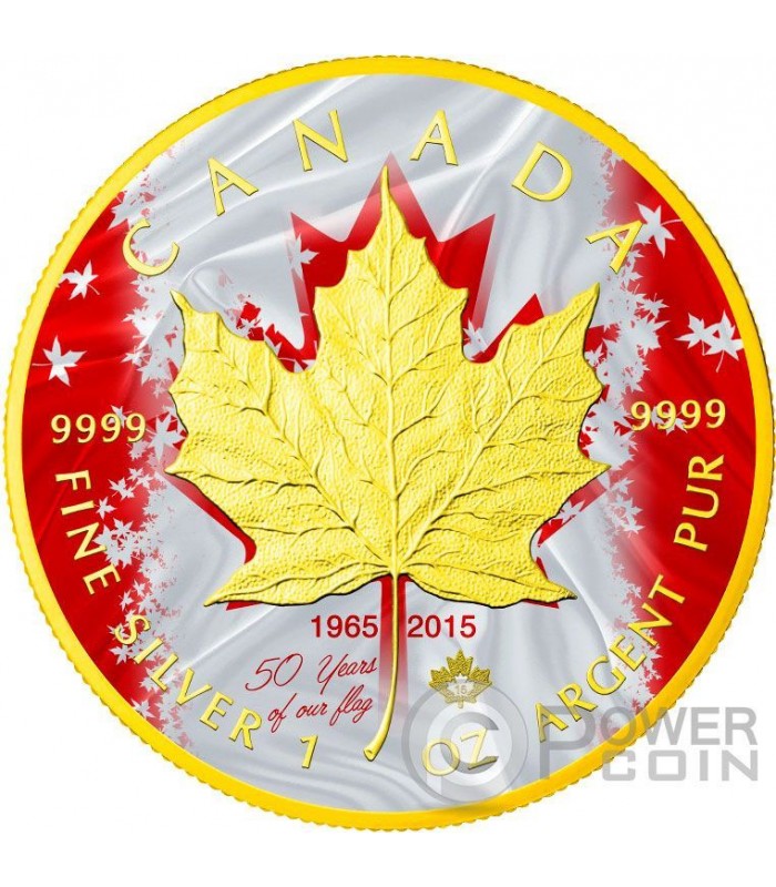 MAPLE LEAF 50th Anniversary Flag 1 Oz Silver Coin 5$ Canada 2015