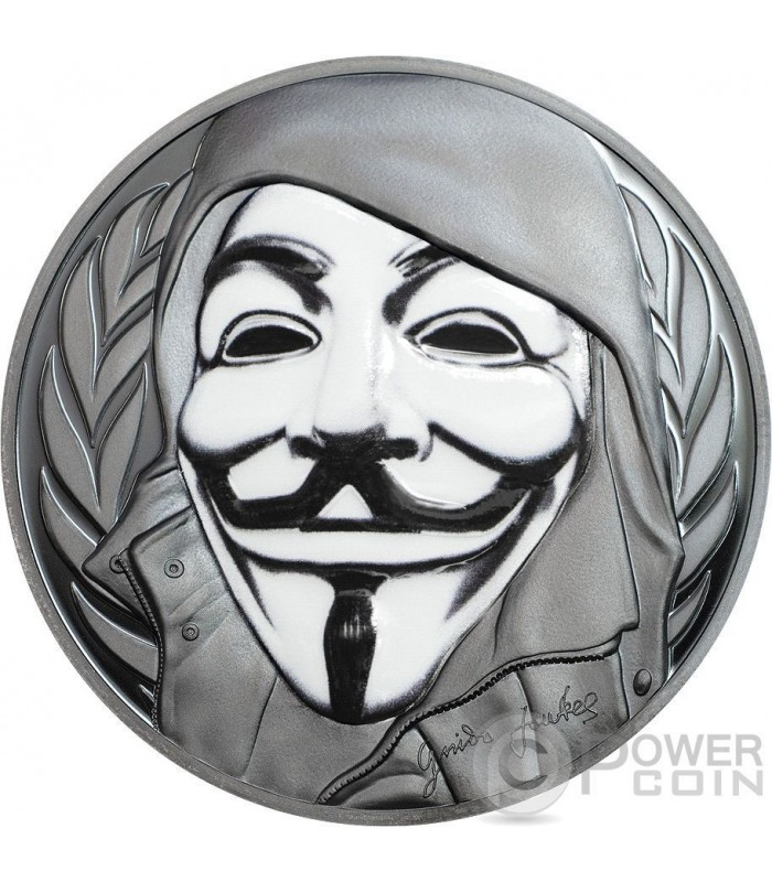 GUY MASK Anonymous V for Vendetta 1 Oz Black Silver Coin 5$ Cook Islands 2016