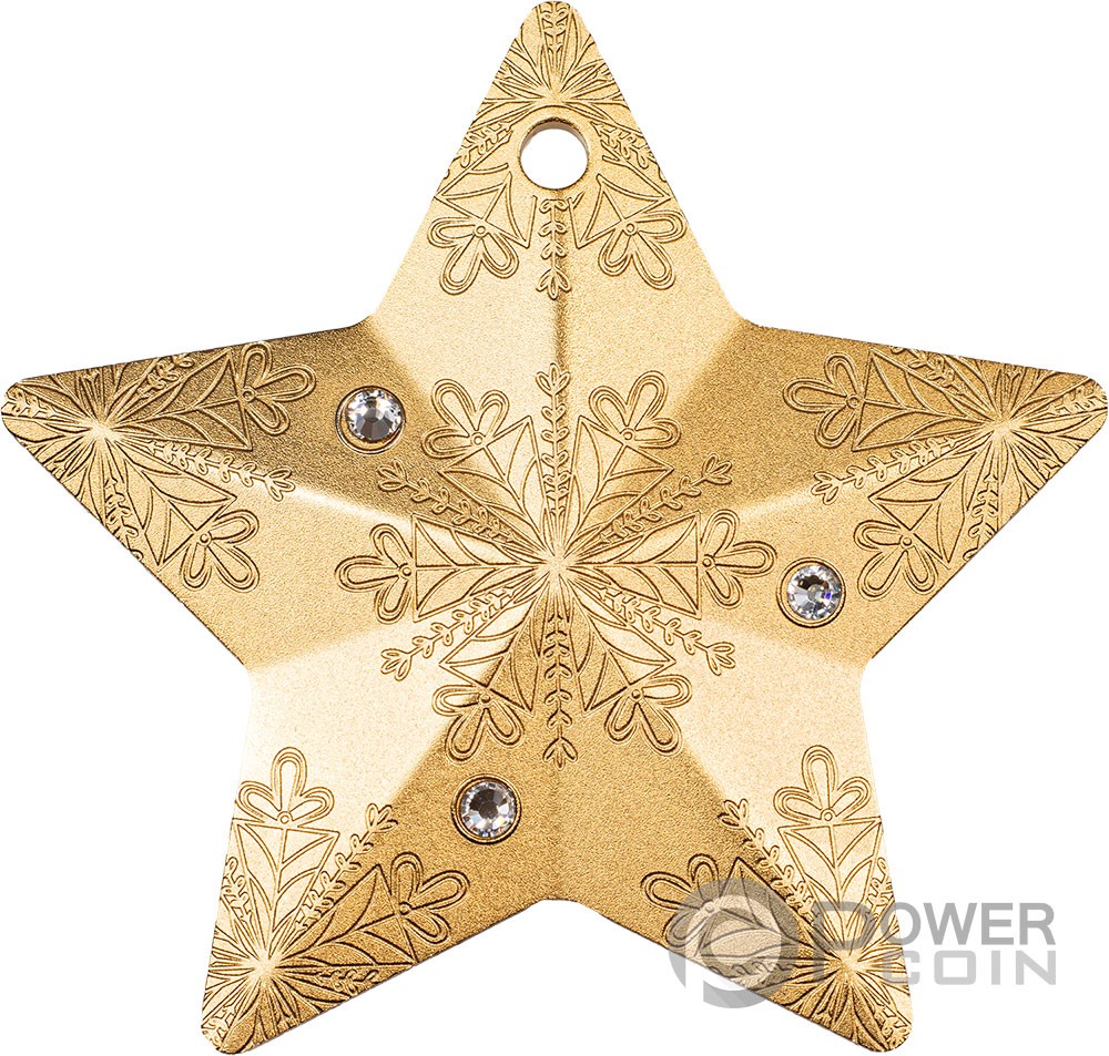 SNOWFLAKE STAR Holiday Ornament Gilded 1 Oz Silver Coin 5$ Cook Islands 2023