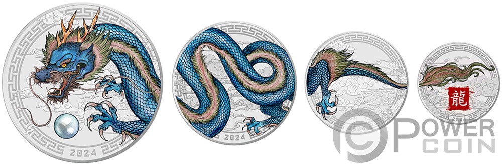 DRAGON Lunar Year Set 4 Silver Coins 2$ Fiji 2024