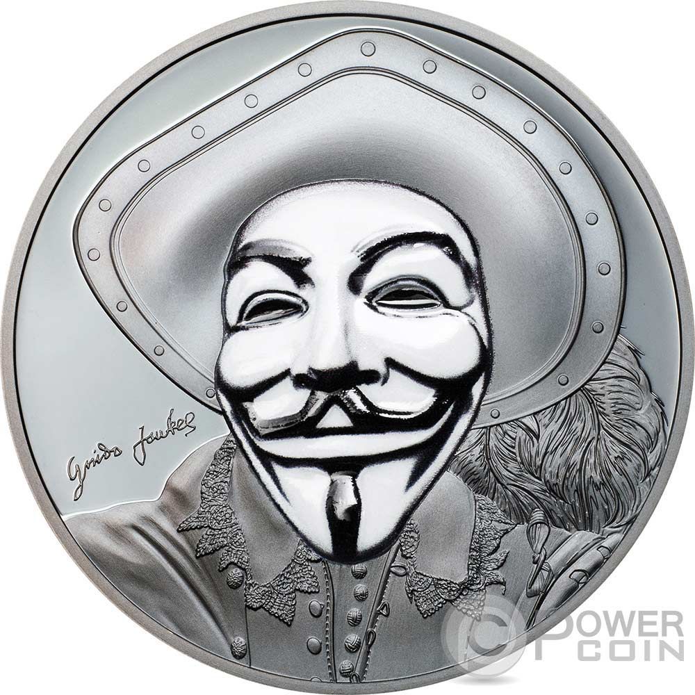 HISTORIC GUY FAWKES MASK II Anonymous V for Vendetta 1 Oz Black Proof Silver Coin 5$ Cook Islands 2017